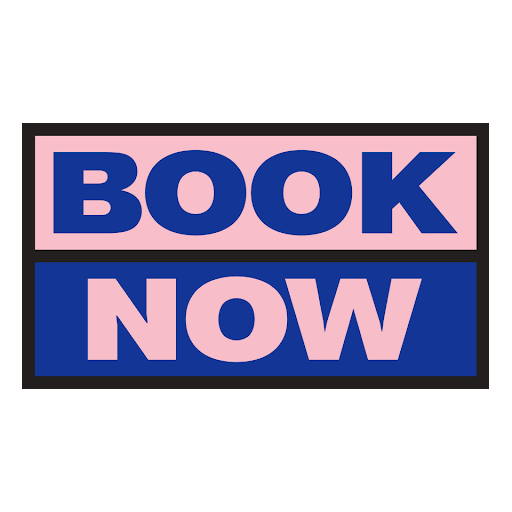 Graphic with pink, purple, and dark blue blocks displaying the words 'BOOK NOW' in bold letters.