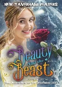 Cover art for a theatrical production titled 'Beauty and the Beast' by New Taverham Players, showing a smiling young woman with curly hair and a red rose, set against a snowy background with frozen leaves and snowflakes.
