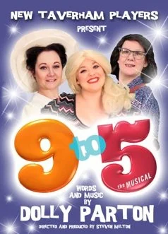 Promotional poster for the musical "9 to 5" featuring Dolly Parton and three women, with bright colors and stars.