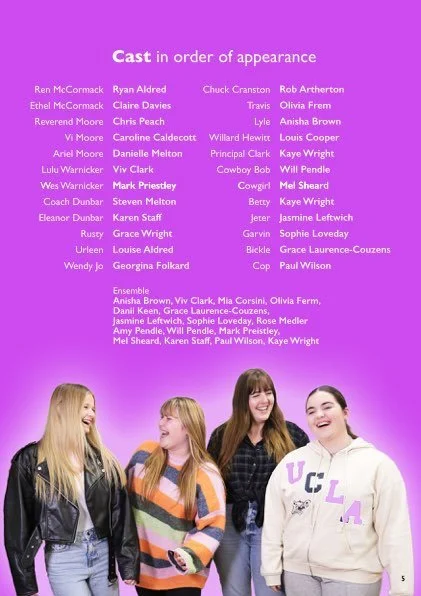 A poster listing cast members in order of appearance, with four smiling young women standing in front of a purple background.