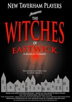 Poster for the musical comedy 'The Witches of Eastwick' featuring dark background, red and white text, and silhouettes of witches flying on broomsticks.