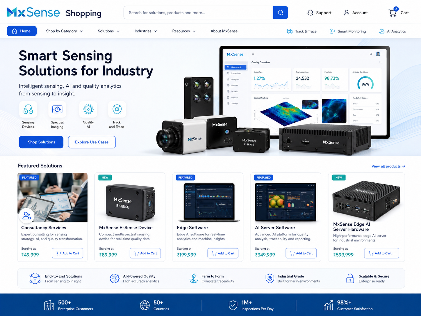 Screenshot of the MxSense website homepage showcasing smart sensing solutions for industry, including devices, software, and analytics tools.