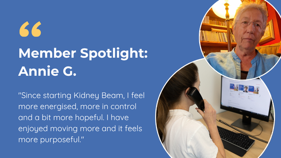 A small photo of a woman with short grey hair and glasses, below is an image of a kidney beam clinician on the phone with kidney beam on the computer screen. Text beside both images is a quote from the blog article.