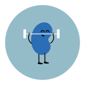 Blue Kidney Beam character lifting a barbell