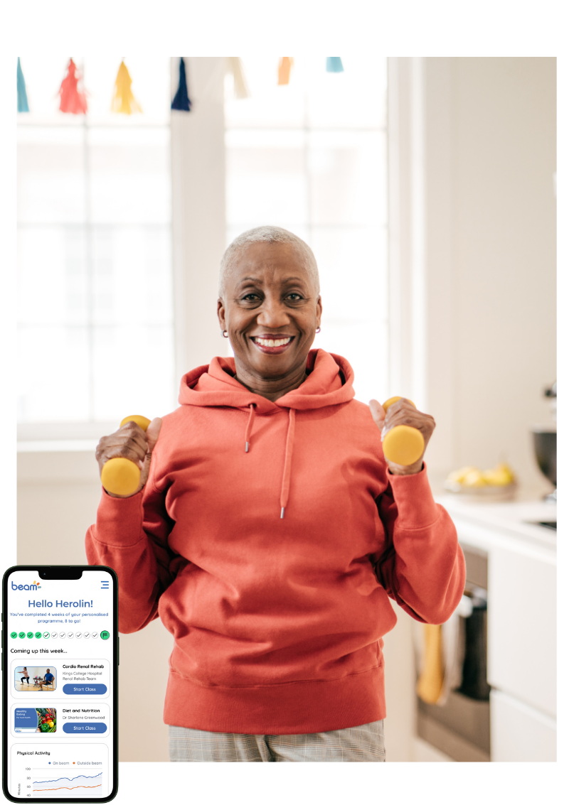 Woman exercising with yellow dumbbells in her kitchen