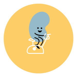 Kidney Beam character on an exercise bike