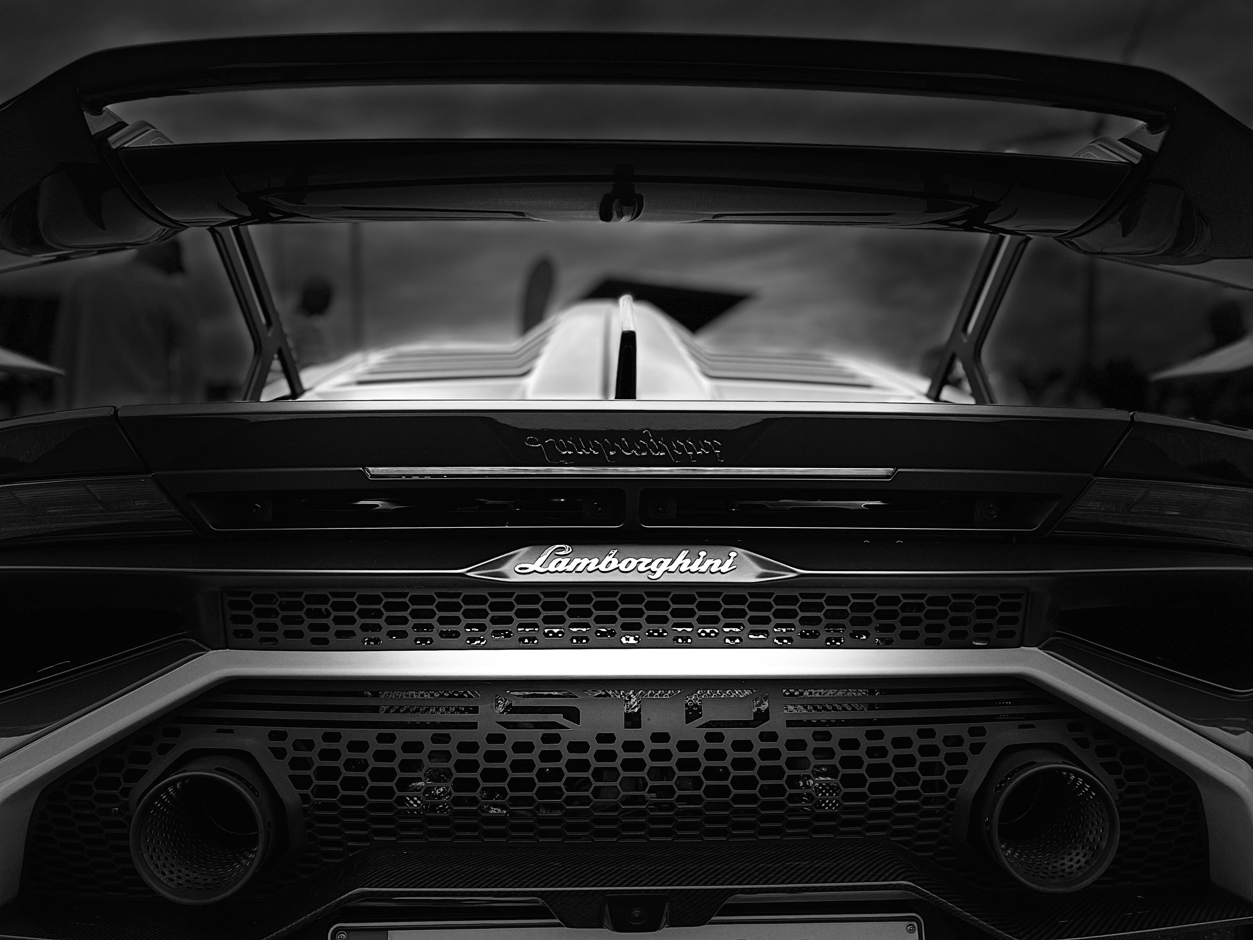 Black and white photo of the rear of a Lamborghini sports car, showing the Lamborghini logo on the back and the exhaust pipes.