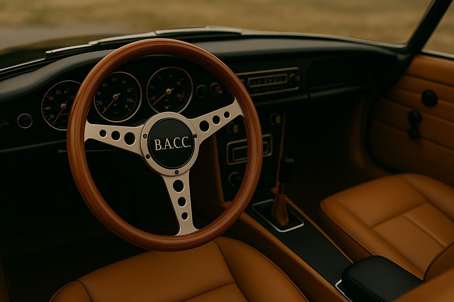 Interior of a vintage car with a wooden steering wheel labeled B.A.C.C. and tan leather seats.