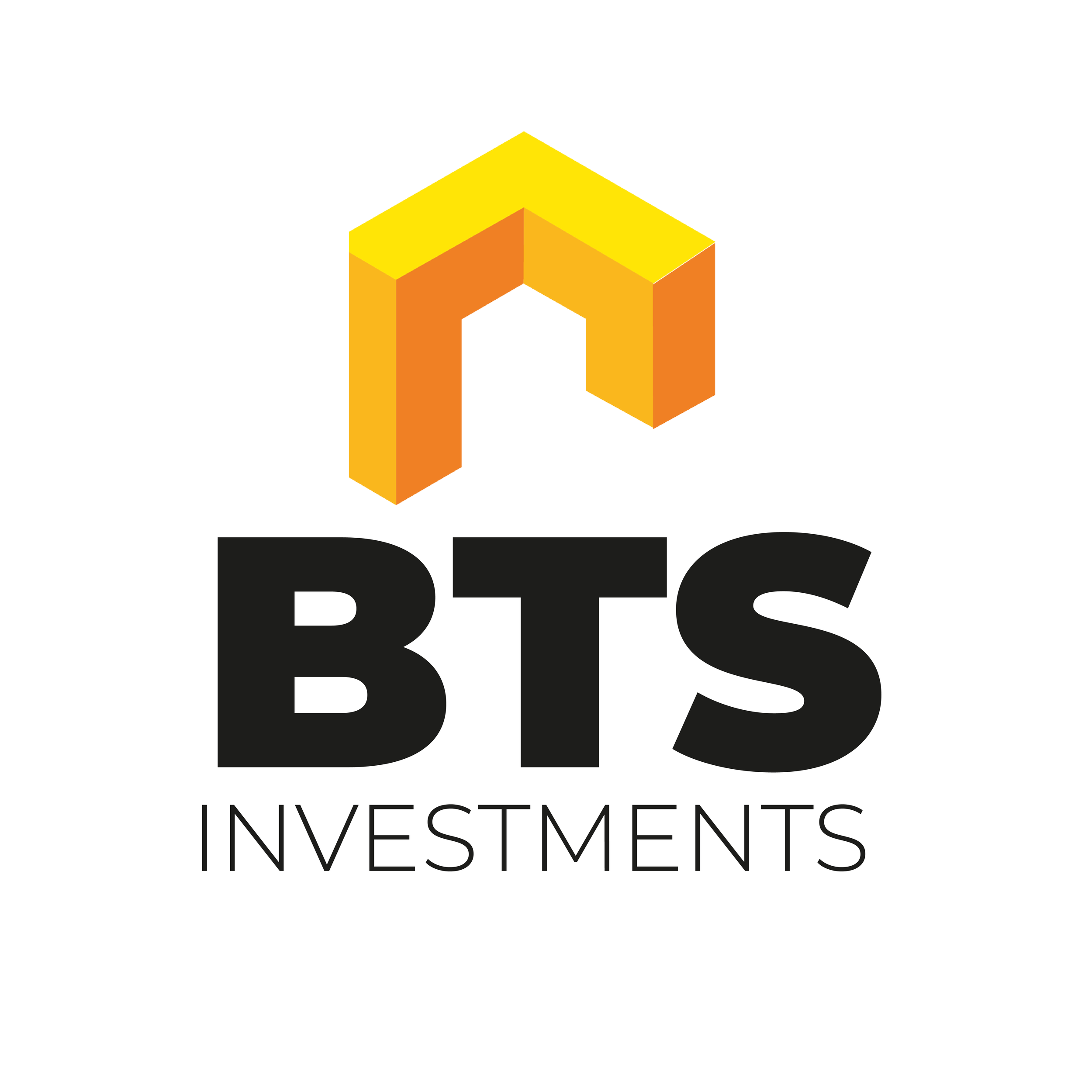 Logo of BTS Investments featuring a stylized three-dimensional letter 'N' in yellow and orange above the company name in bold black and thin black font.