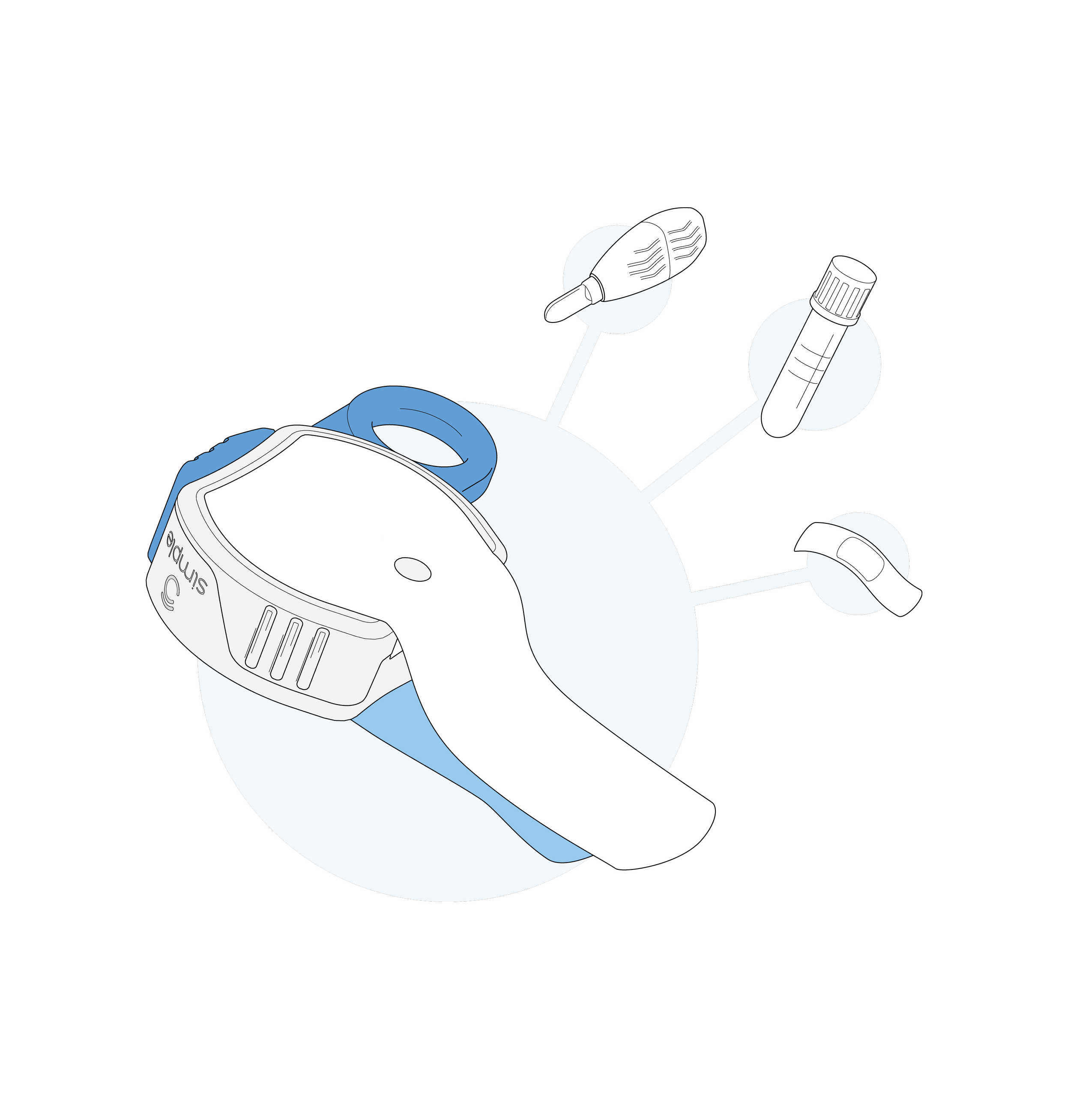 Illustration of a simple medical blood sample collection device and how it combines the function of a lancet, a microtainer, and a plaster / wound dressing.