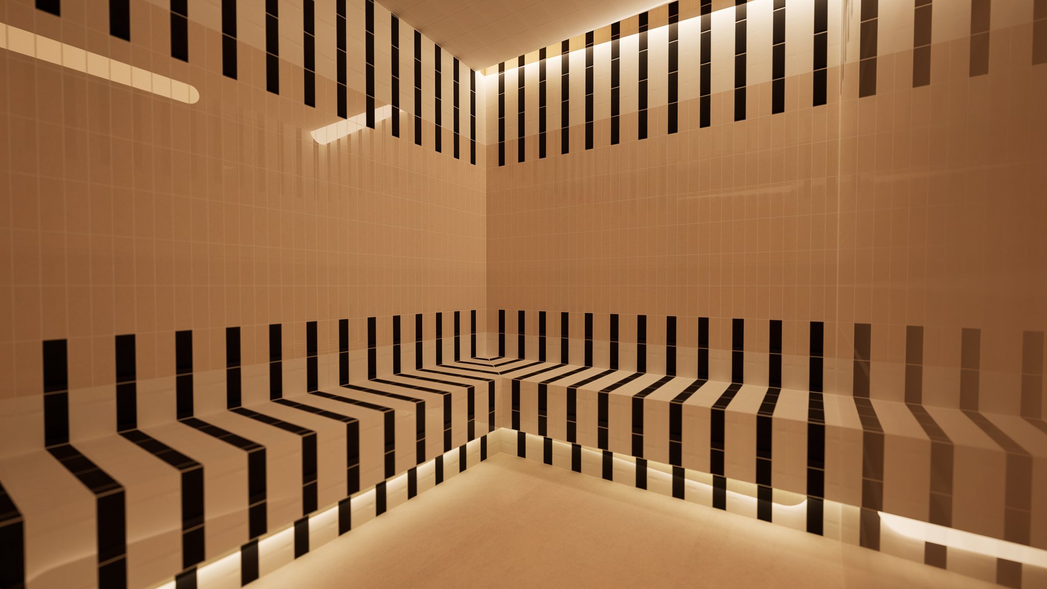 Salle équipée d'un décor noir et beige avec motifs géométriques en forme de lignes verticales et horizontales, créant un effet d'optique.