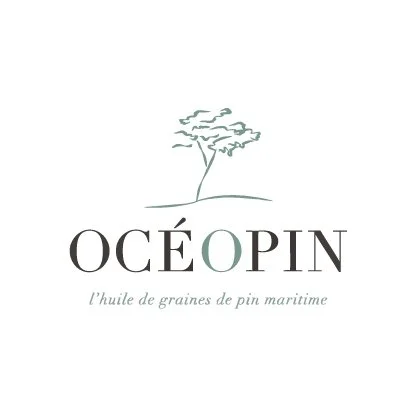 Logo de OCÉOPIN avec un arbre stylisé et le texte "OCÉOPIN" et la mention "l'huile de graines de pin maritime".