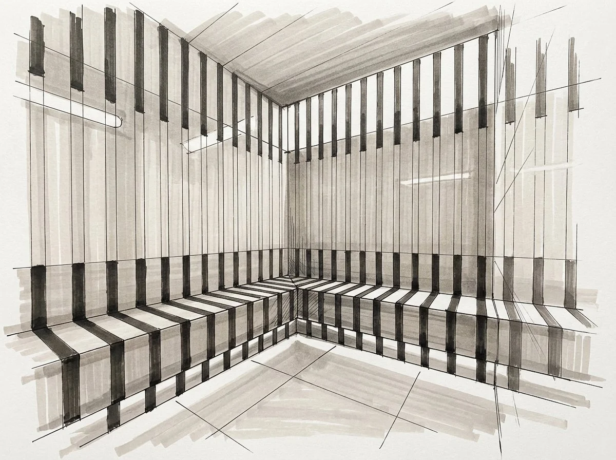 Croquis d'une salle d'attente ou un coin de repos avec des bancs intégrés en U, murs et plafond avec des lignes verticales et horizontales, sans décoration particulière.