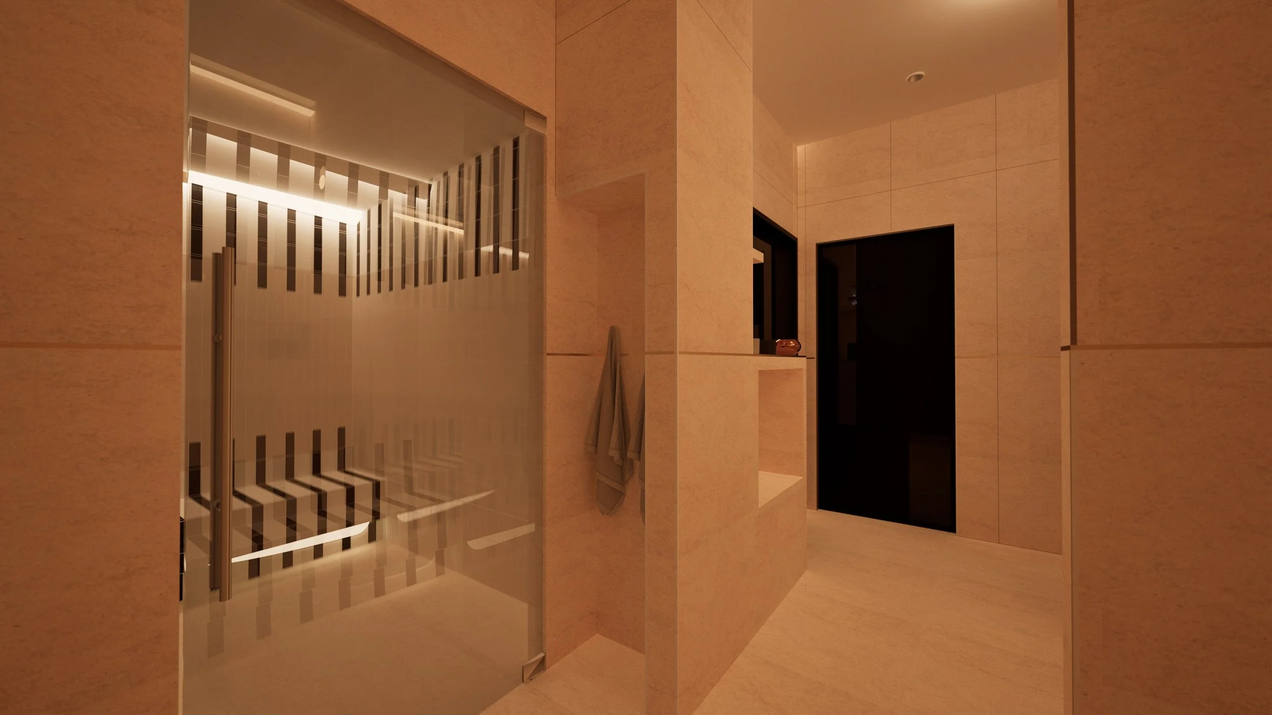 Intérieur moderne d'un bâtiment avec ascenseur en verre, murs en pierre beige clair, et porte noire dans un espace éclairé chaleureusement.