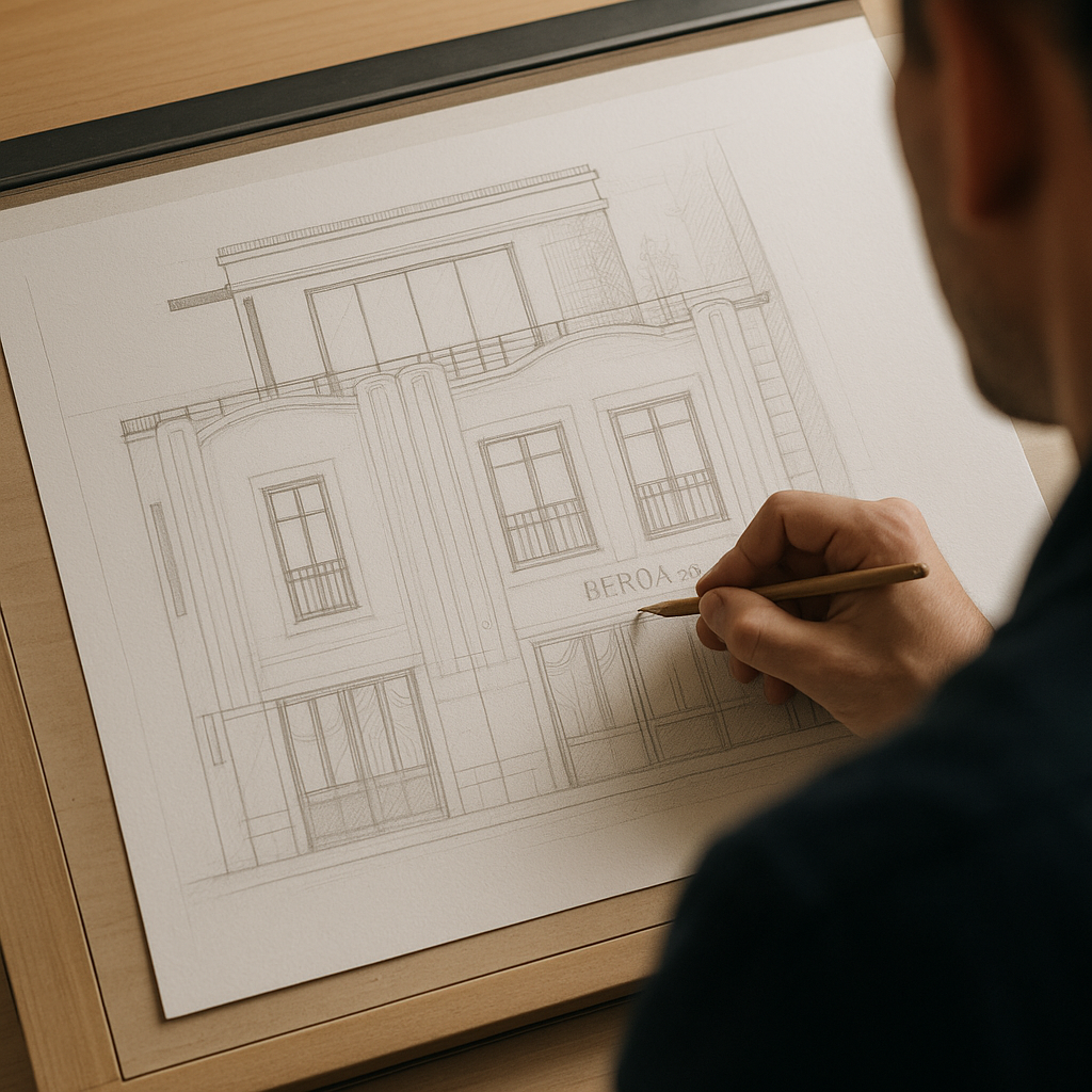 Personne dessinant une esquisse architecturale d'un bâtiment sur une grande feuille de papier, avec l'inscription 'BERO A' partiellement visible.