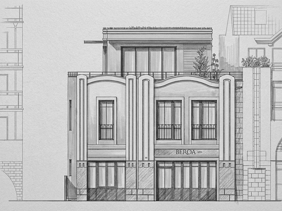Perspective d'une esquisse d'immeuble avec un commerce nommé BEROA, comprenant deux étages avec grandes fenêtres et balcons, et un toit terrasse avec des plantes.