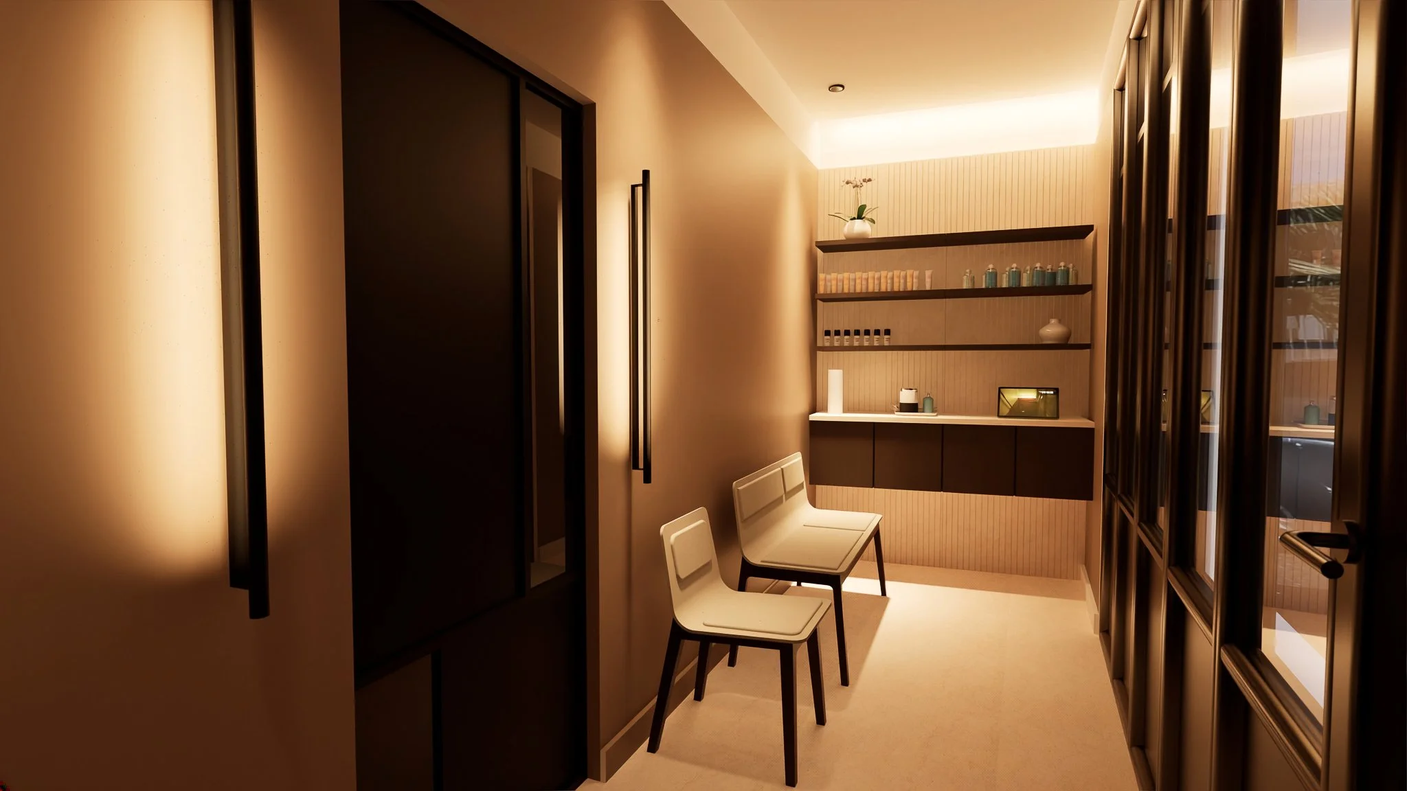 Intérieur d'une salle d'attente moderne avec deux chaises blanches, des étagères en bois avec des objets décoratifs et des bouteilles, et une lumière tamisée.