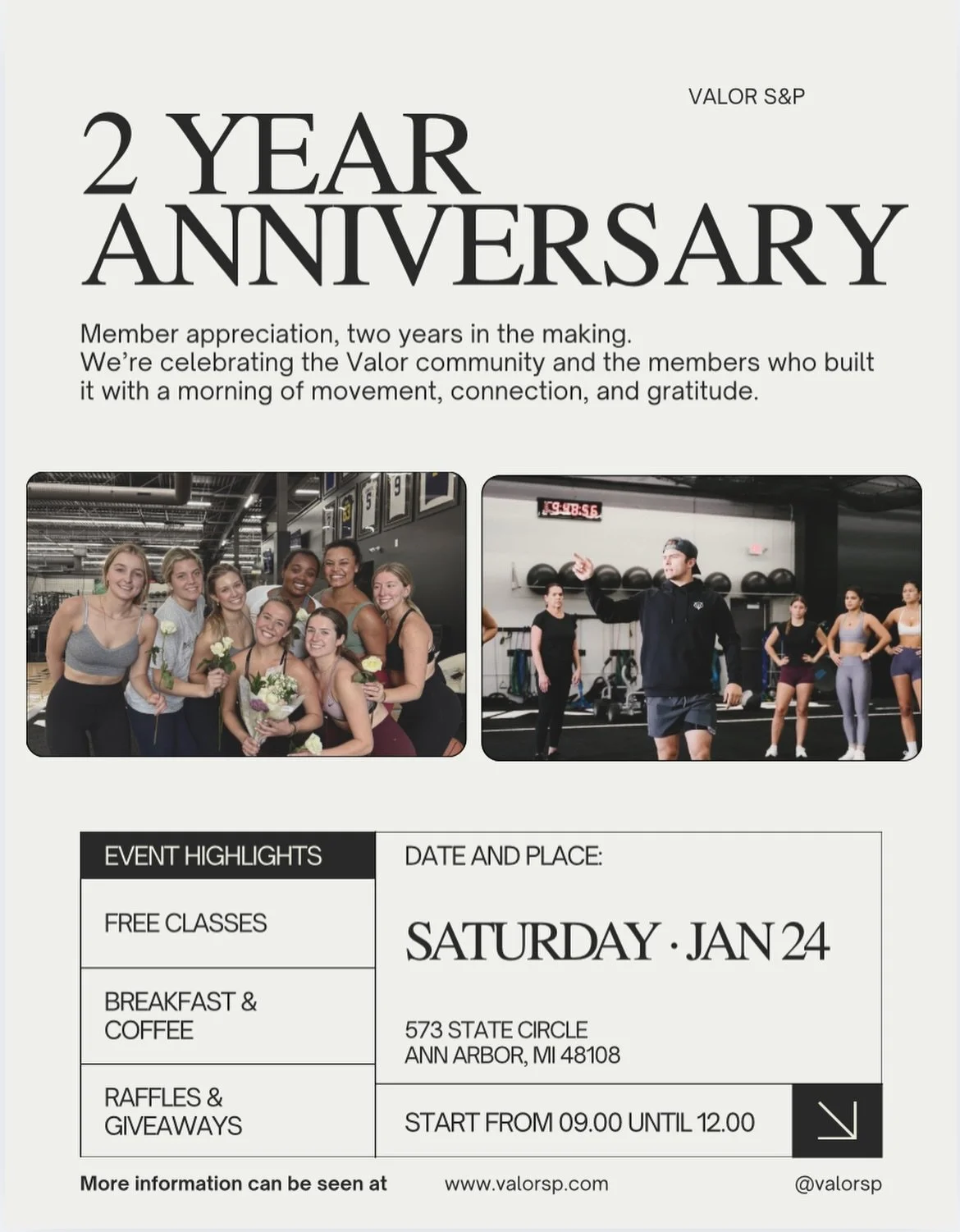 Two years in the making&mdash;and it&rsquo;s all because of our members. 🤍

Join us as we celebrate 2 years of Valor with a morning dedicated to member appreciation: free classes, breakfast &amp; coffee, raffles, and time together as a community.

?
