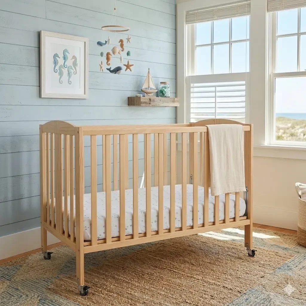 Full-size wooden crib rental for travel with premium Newton mattress and linens