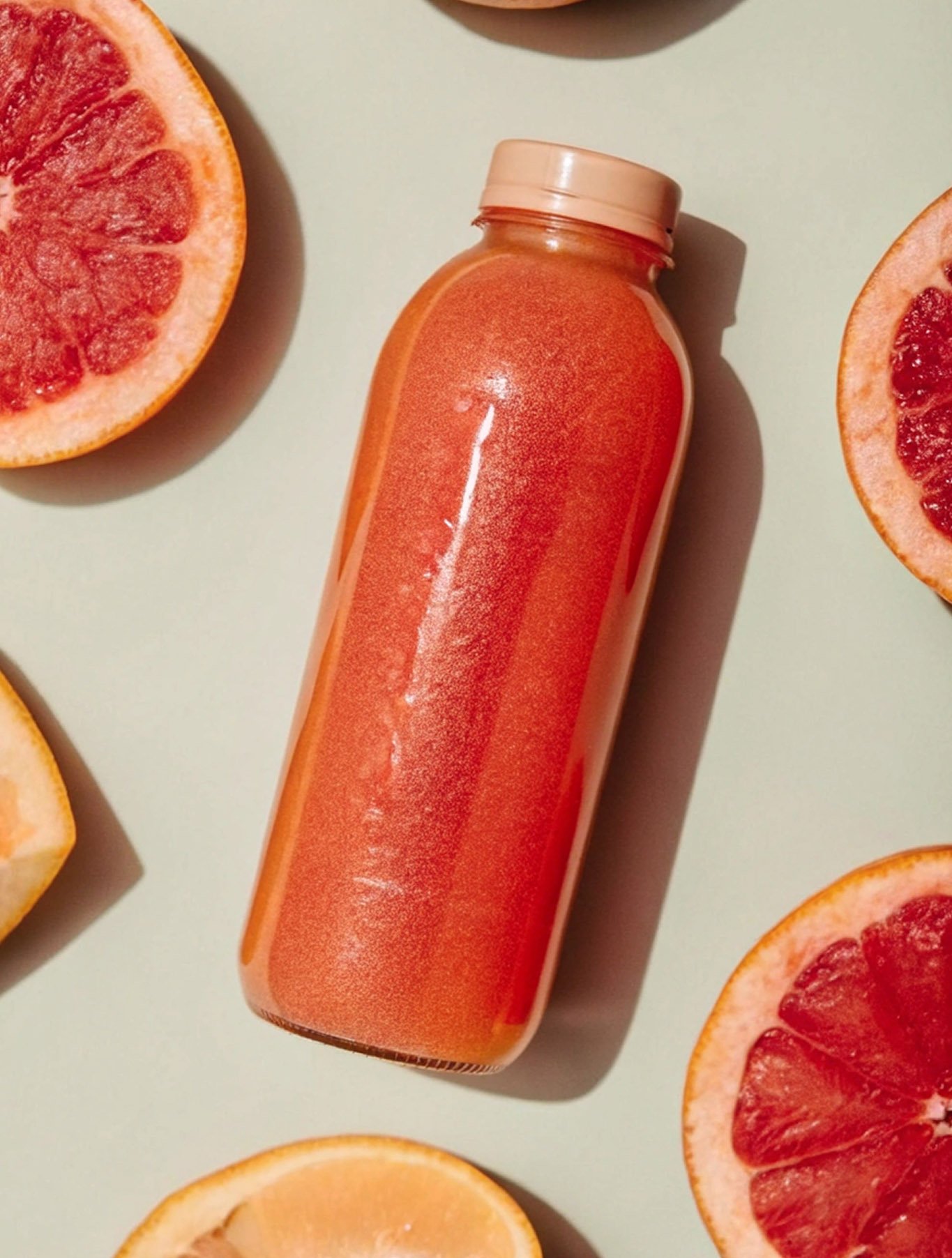 A peach-colored bottle of juice surrounded by slices of grapefruit and orange on a light-colored surface.