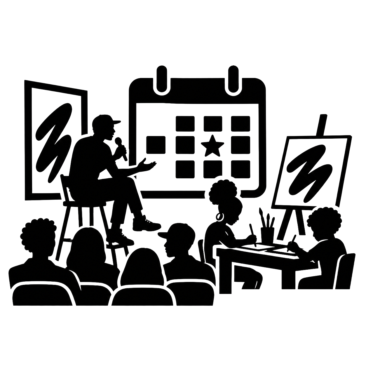 Silhouette of an art workshop or class with a speaker or instructor holding a microphone, students working on art projects, and large calendar with a star in the background.