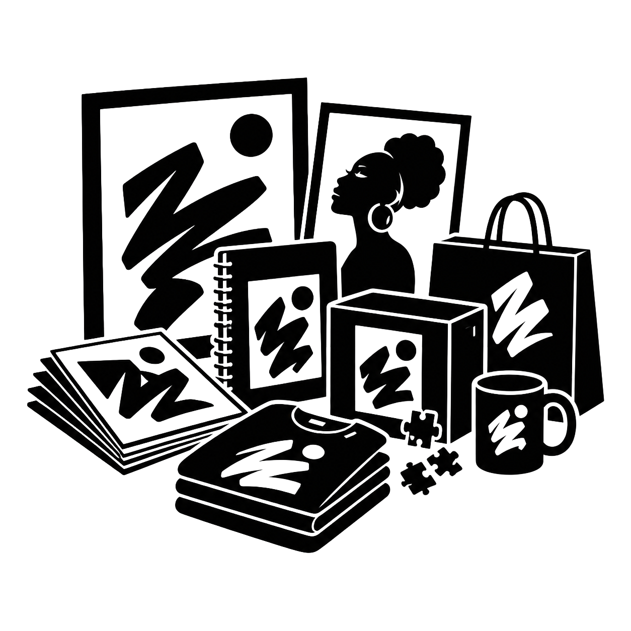 Black and white outline of various art supplies and merchandise, including posters, notebooks, a mug, and a woman with large hoop earrings and an updo hairstyle.