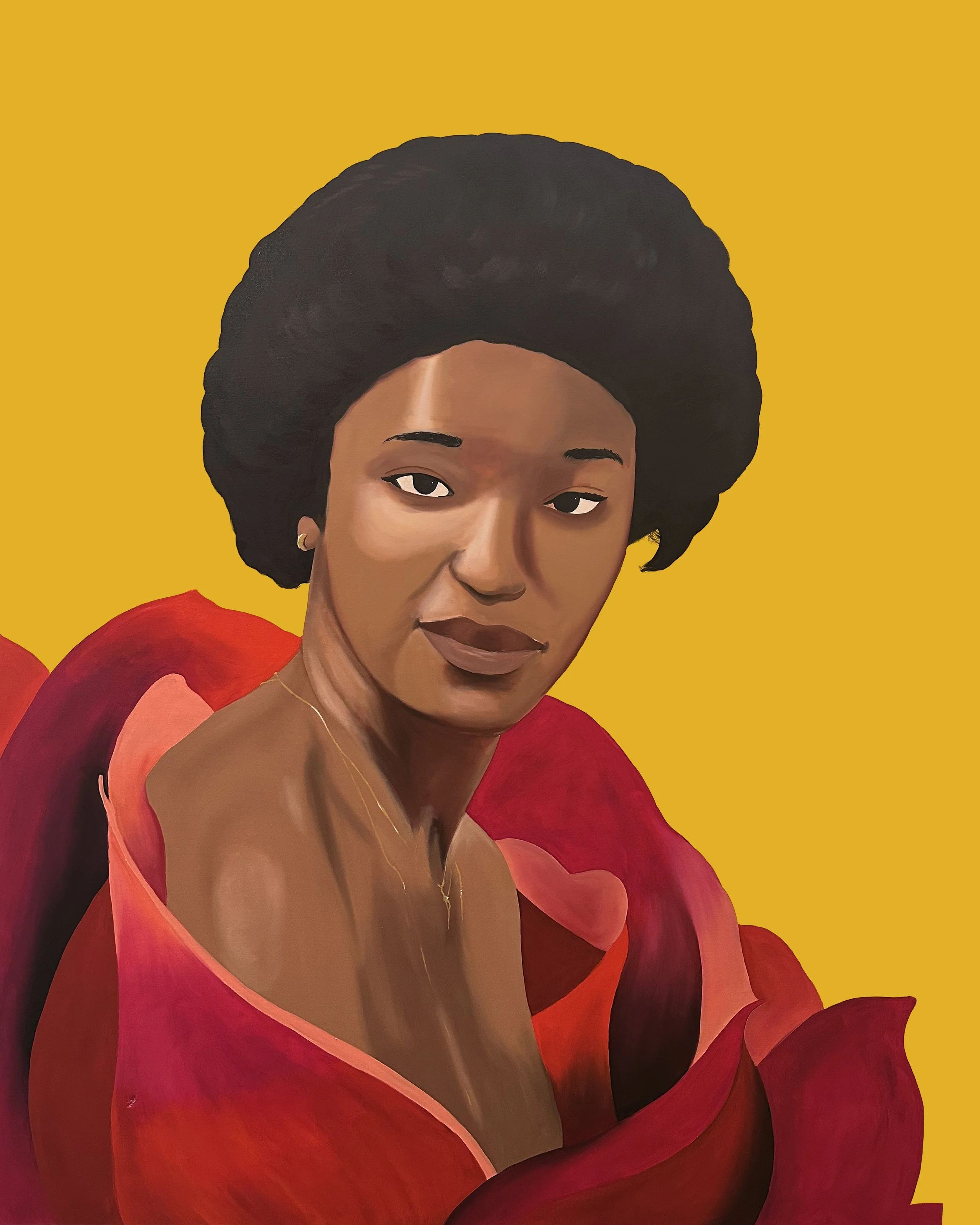 A portrait of an African American woman with dark, styled hair against a solid yellow background, wearing a red and pink garment and gold jewelry.