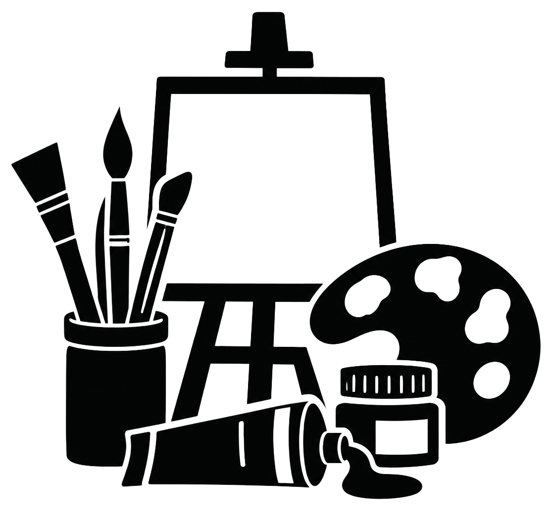Outline drawing of an artist's workspace with paintbrushes, an easel, a palette, paint, and a tube of paint.