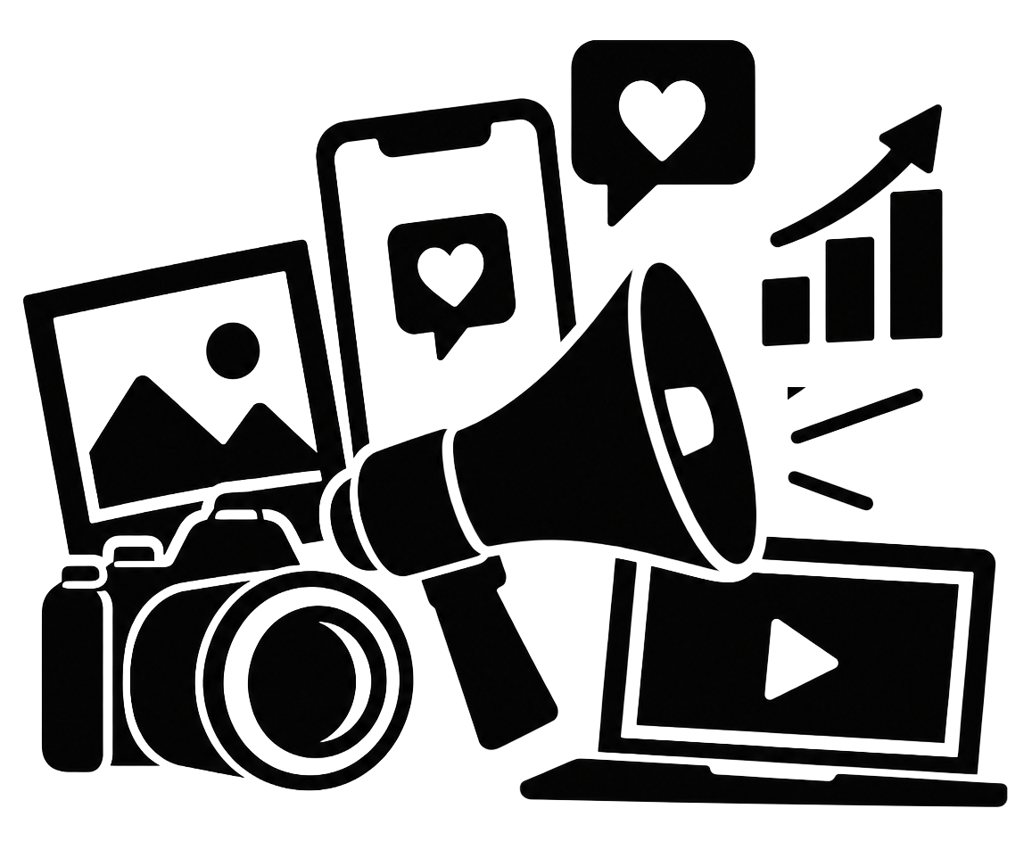Silhouette of social media and digital marketing icons including a megaphone, camera, smartphone with heart notifications, pictures, play button, graph with an upward trend, and a laptop.