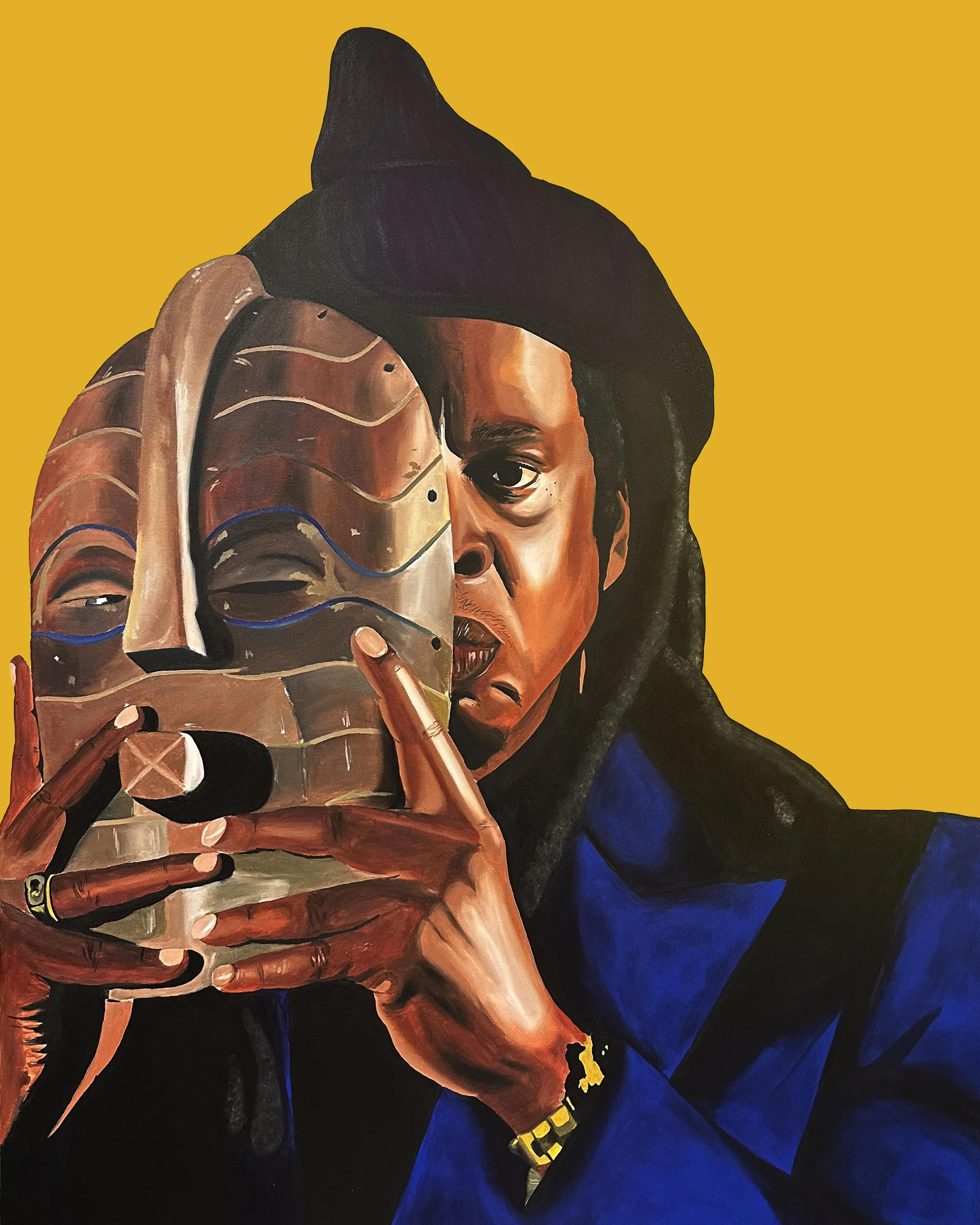 A painting of a woman with dark hair holding a snake in front of her face, with a yellow background.
