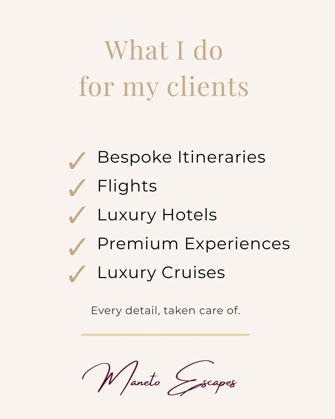 Travel should feel effortless , not overwhelming.

From where you stay to how everything flows, every detail is thoughtfully taken care of.

So you can simply enjoy the experience.

DM &ldquo;ESCAPE&rdquo; to begin ✈️