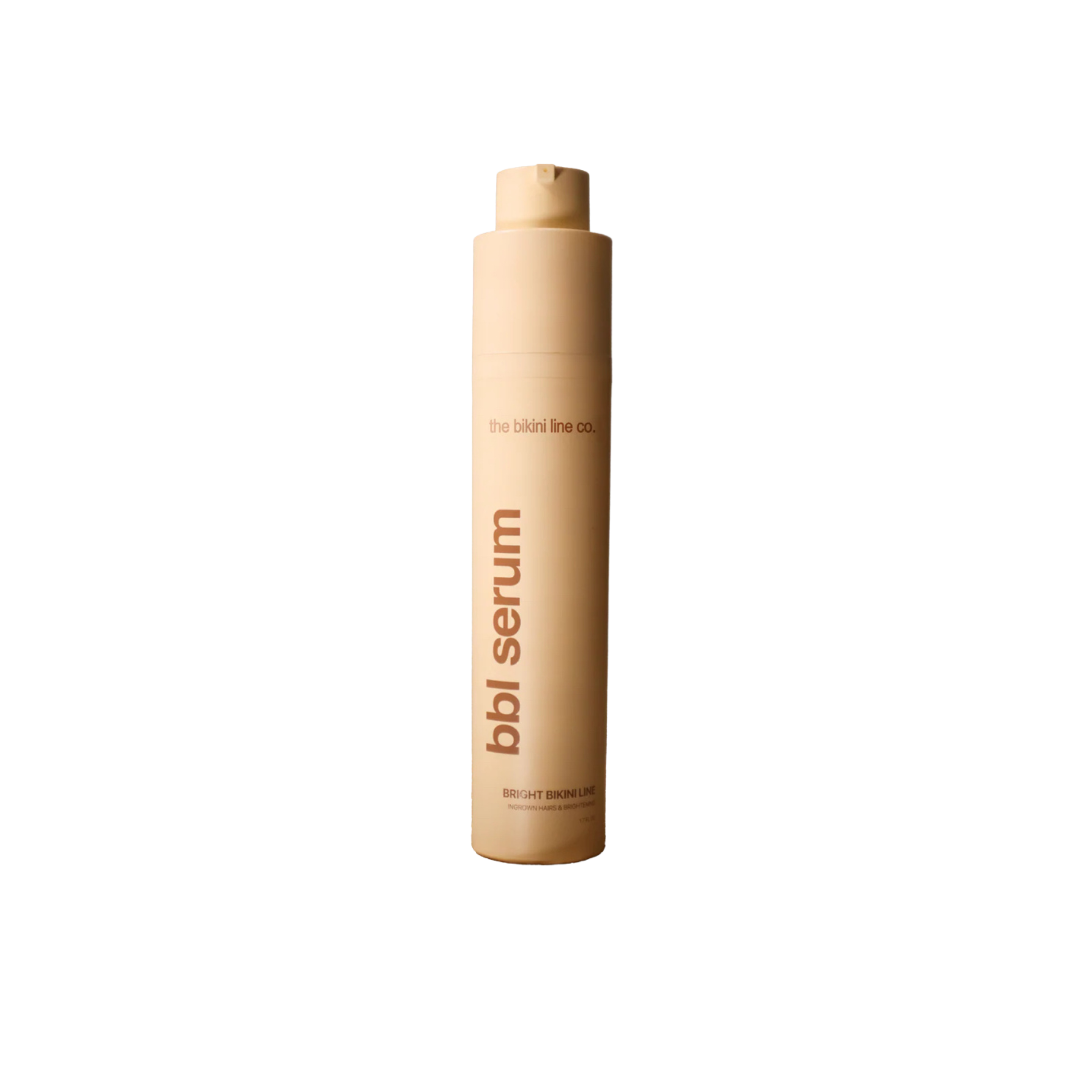 A beige bottle of bbbl serum from the bikini line co., labeled 'BRIGHT BIKINI LINE' with a pump dispenser on top.