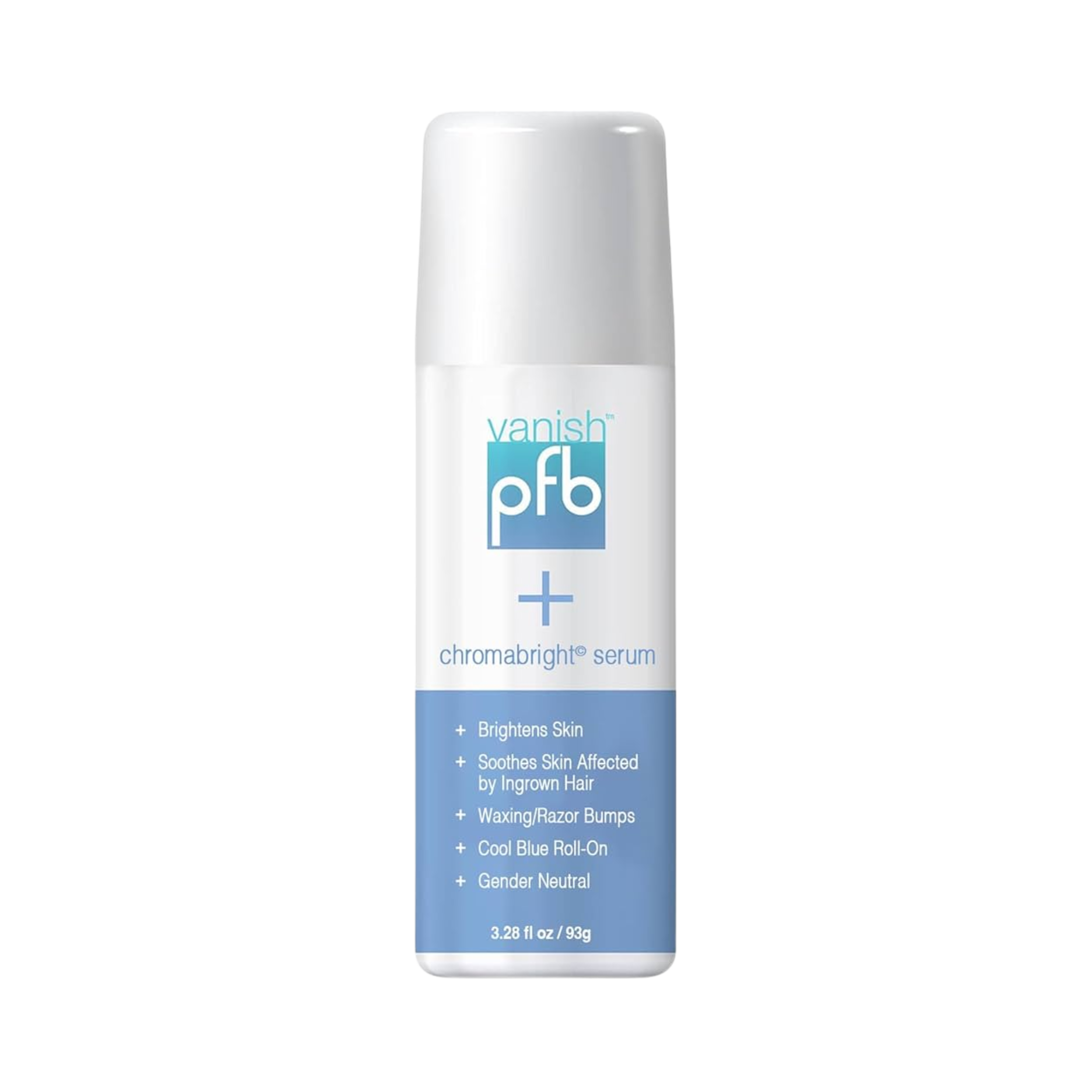 Vanish PFB chromabrigh+ serum bottle for skin brightening and soothing, with benefits listed on the blue label.