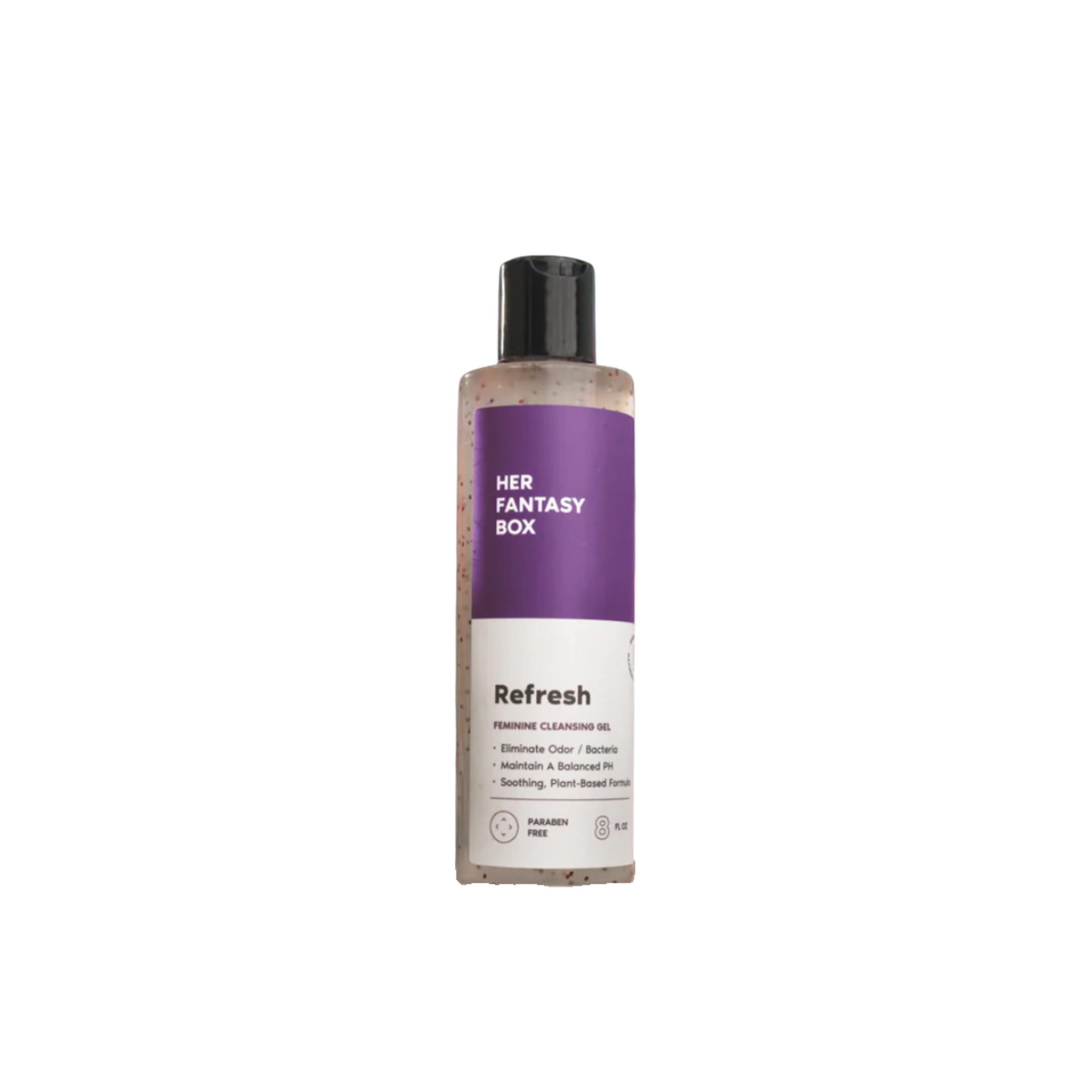 A bottle of Her Fantasy Box Refresh feminine cleansing gel with a purple and white label and black cap.