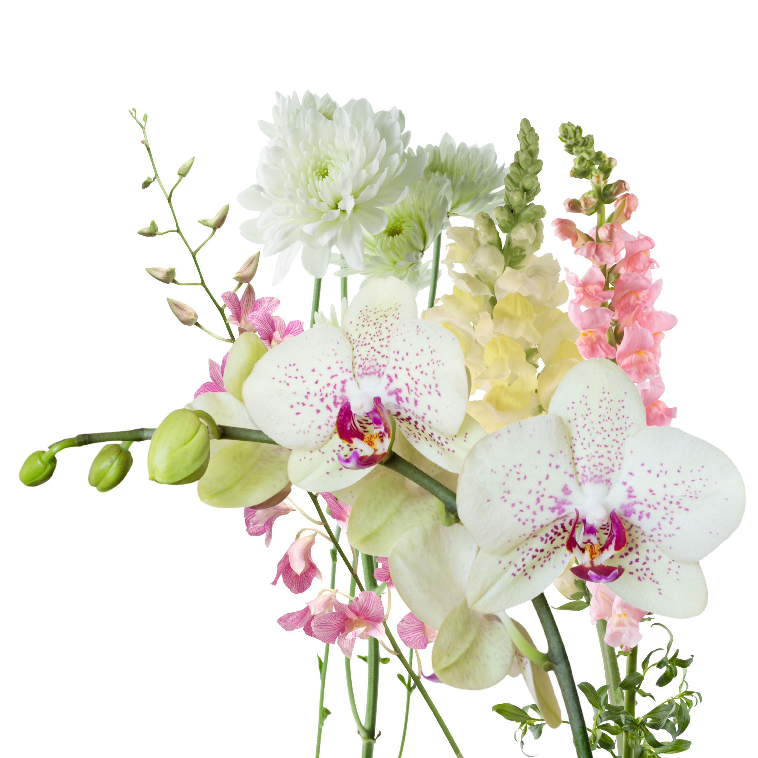 A bouquet of mixed white, pink, and yellow flowers including orchids, chrysanthemums, snapdragons, and other blooms.