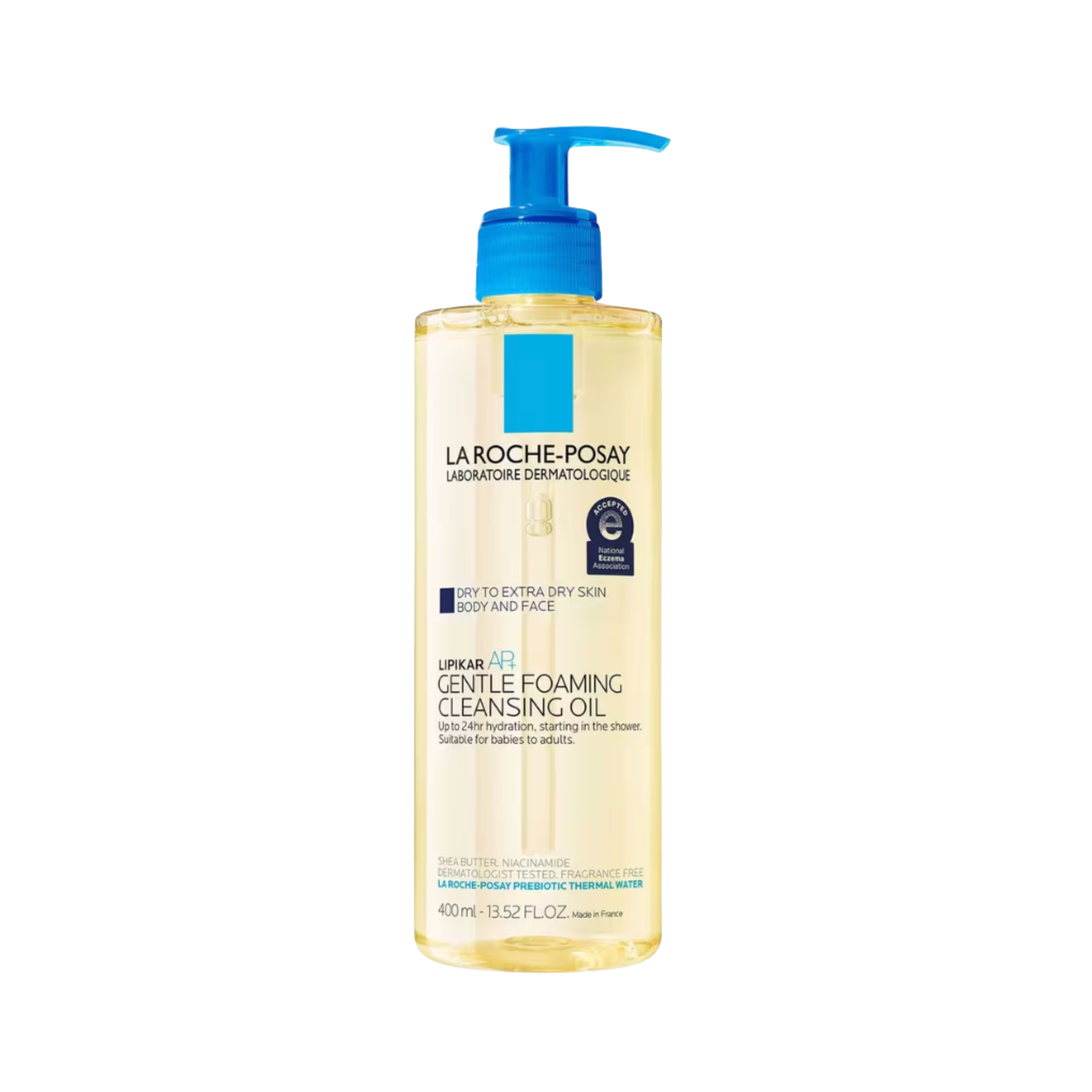 A bottle of La Roche-Posay gentle foaming cleansing oil with a blue pump, label details, and a black background.