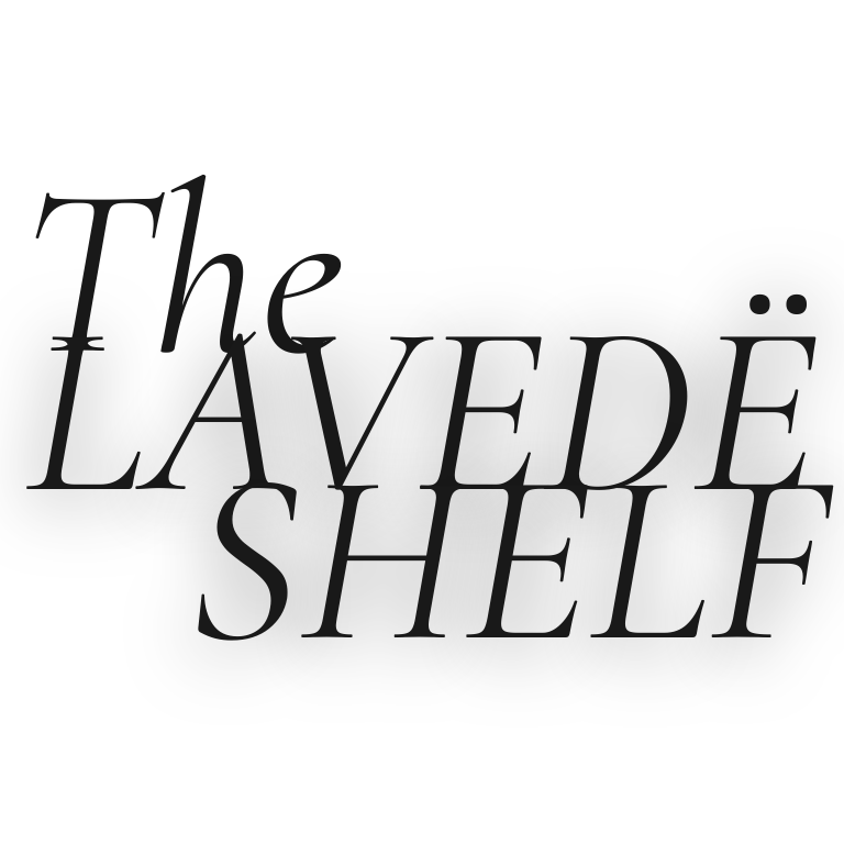 Text reading "The LAVENDER SHELF" with a lavender-colored shelf above it.