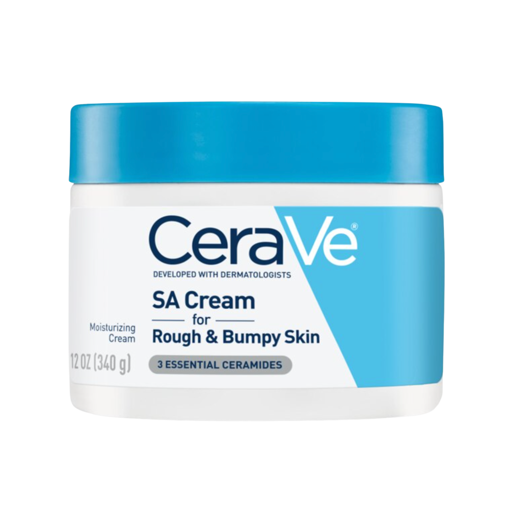 CeraVe SA Cream for rough and bumpy skin, in a white and light blue jar with a blue lid, featuring the CeraVe logo and product details.