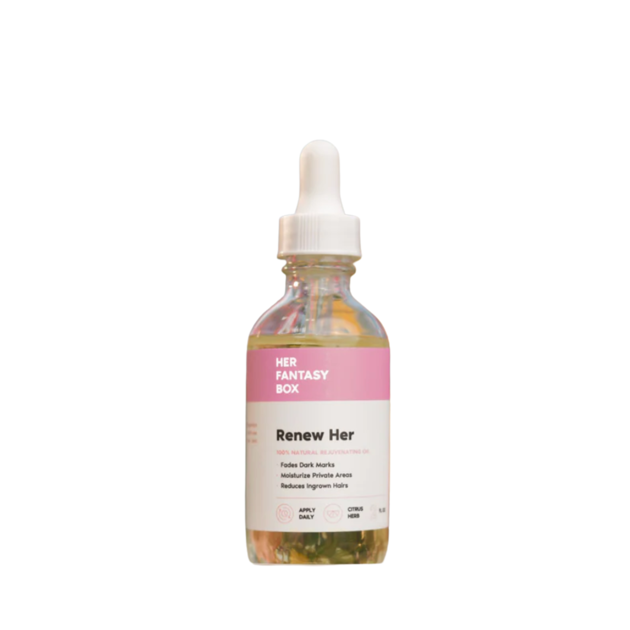A bottle of skincare serum labeled 'Renew Her' with a dropper top, from the brand 'Her Fantasy Box,' featuring a pink and white label.