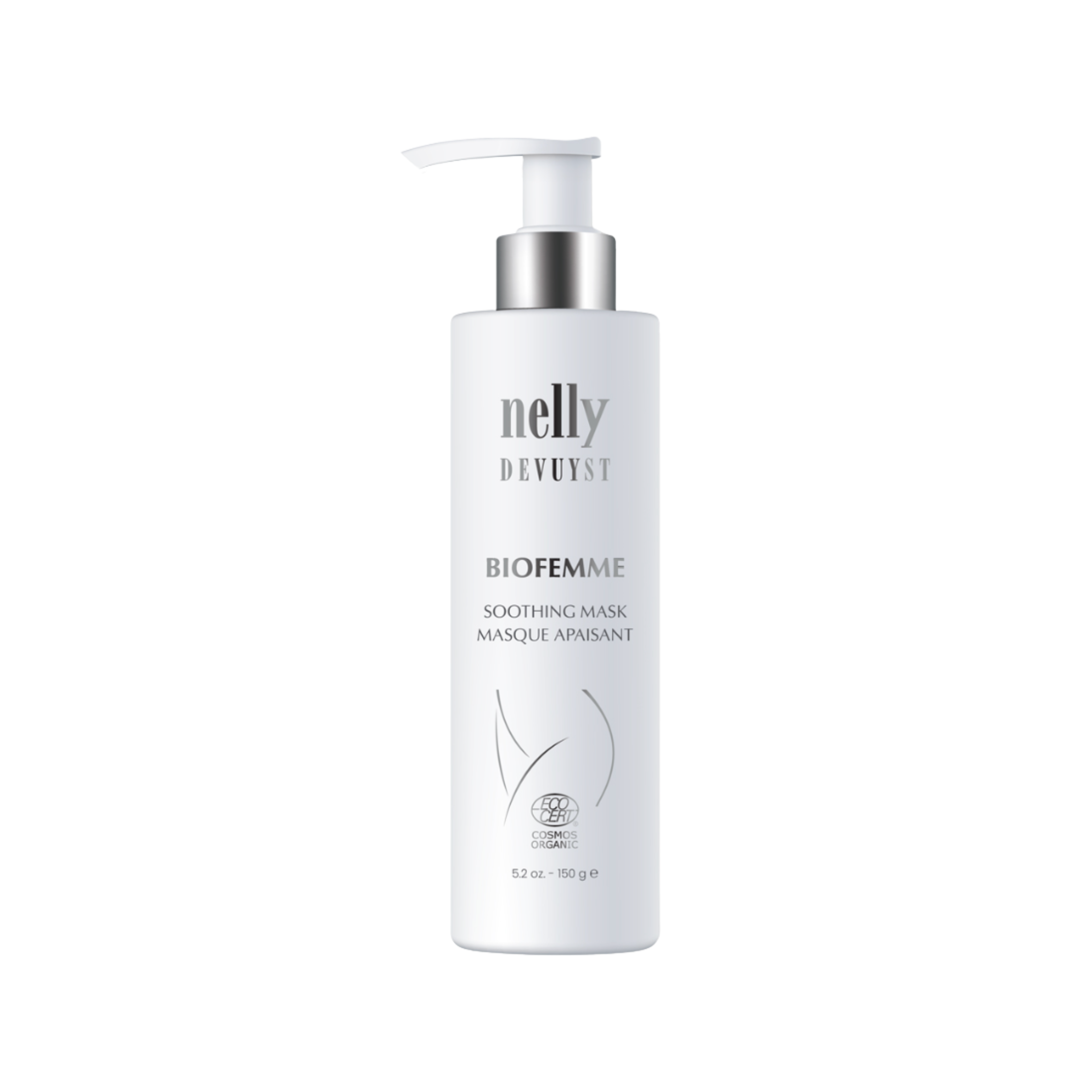 A white bottle of Nelly Devust Biofemme soothing mask with a pump dispenser. The label includes black and gray text and a minimalist design, with certifications and organic labels near the bottom.