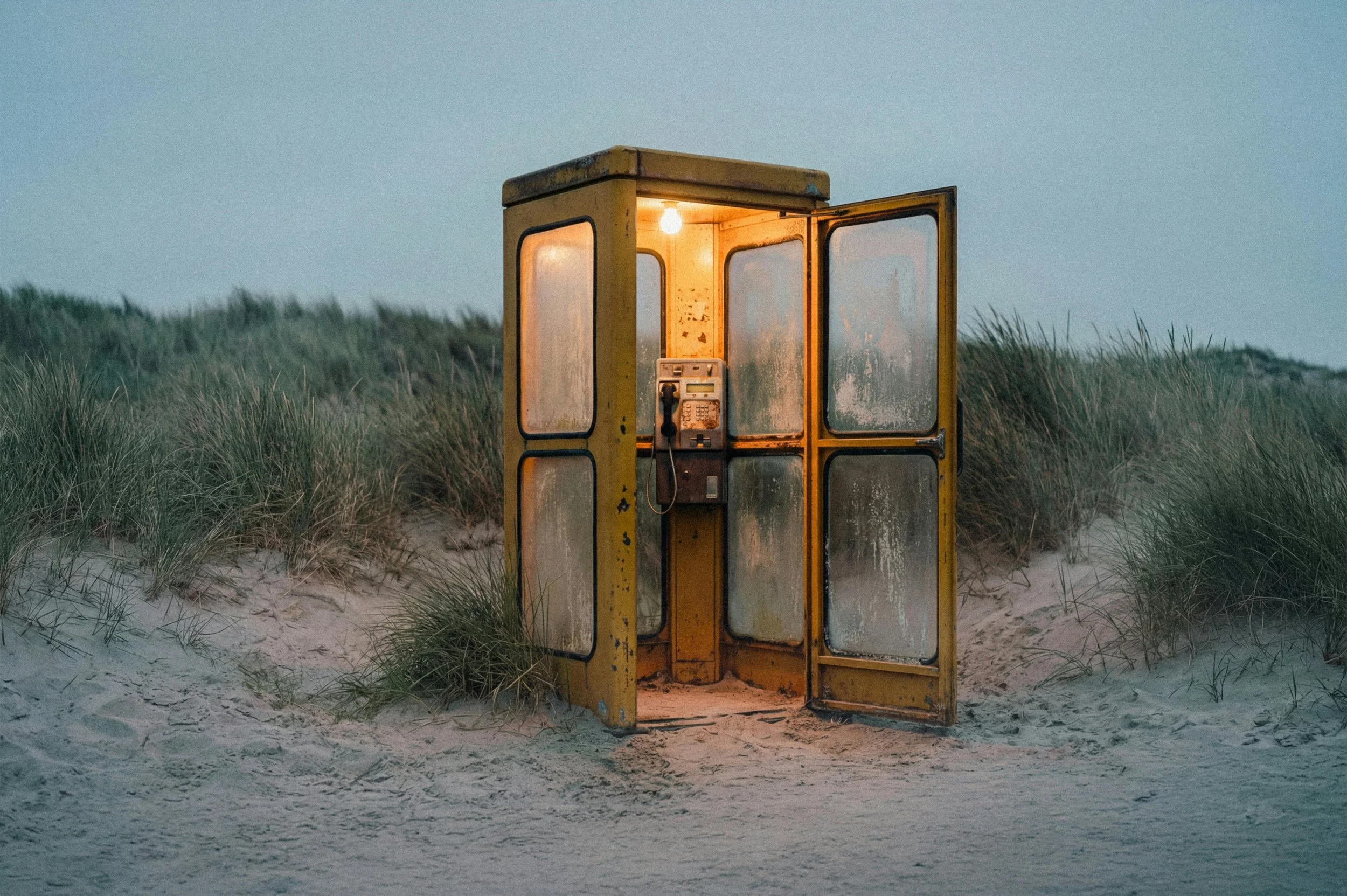 A vintage yellow phone booth with glass panels, some foggy or dirty, stands alone in a sandy area with tall grass, illuminated by a single light bulb inside during dusk or dawn.