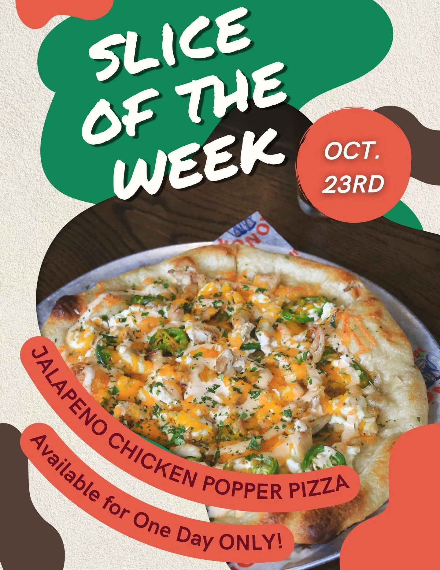 📢 THE SLICE OF THE WEEK IS HERE!
Available today only at Honor Brewing - Loudoun.
Each Thursday, a new one-day-only pizza hits the menu. Get it while it’s hot 🔥
🍔 October 23rd: Jalapeno Chicken Popper Pizza
Whipped cream cheese, smoked pull