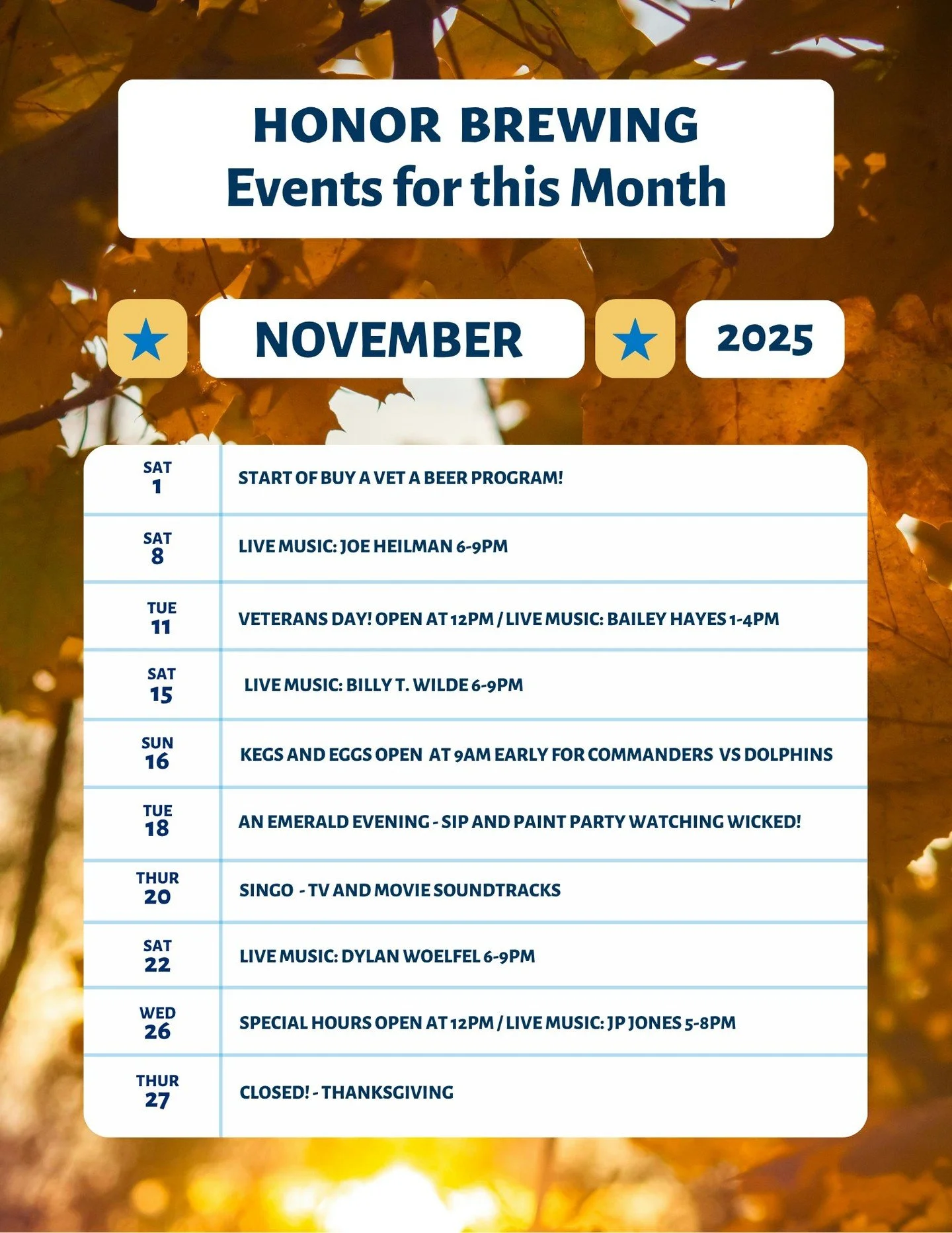 🍂 November at Honor Brewing Loudoun! 🍂

There&rsquo;s something happening every week &mdash; come eat, drink, and make memories with us!

🎶 Live Music Every Saturday
Kick back with great beer and even better tunes from local artists!

🦃 Thanksgiv