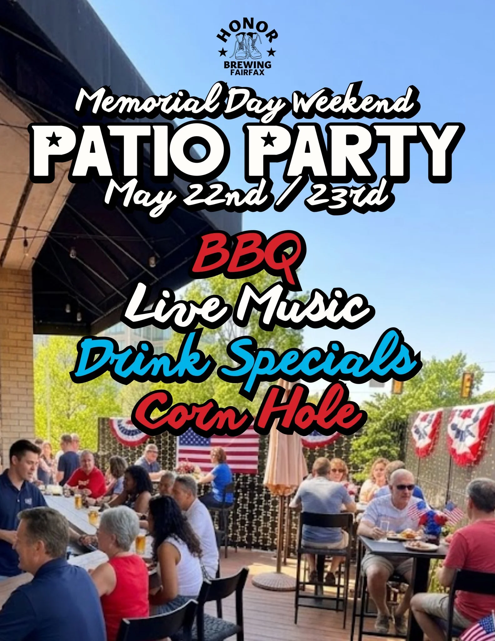 Kick off Memorial Day the right way at Honor Brewing &ndash; Fairfax with a laid-back patio party built for great food, cold drinks, and live music.

🍖Food Specials:
Pulled Pork Sandwich &ndash; $16
Brisket Sandwich &ndash; $16
1/2 Rack Ribs &ndash;