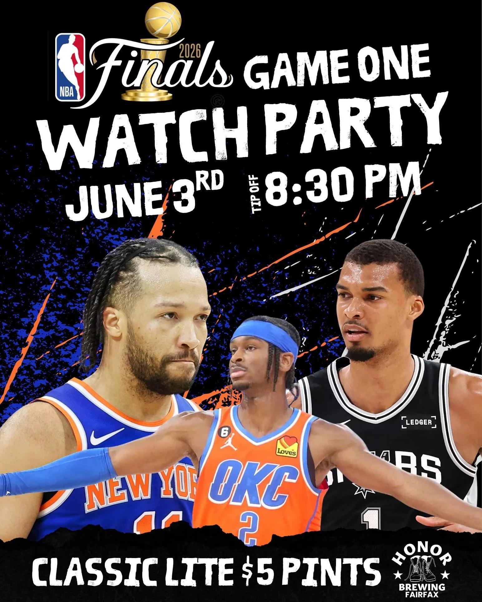 🏀 NBA Finals are almost here 🏀

The Knicks are headed to the Finals and they&rsquo;ll face either the Spurs or OKC &mdash; catch all the action with us for Game 1 on June 3rd! Tip-off starts at 8:30PM and we&rsquo;ll have the big screen fired up al