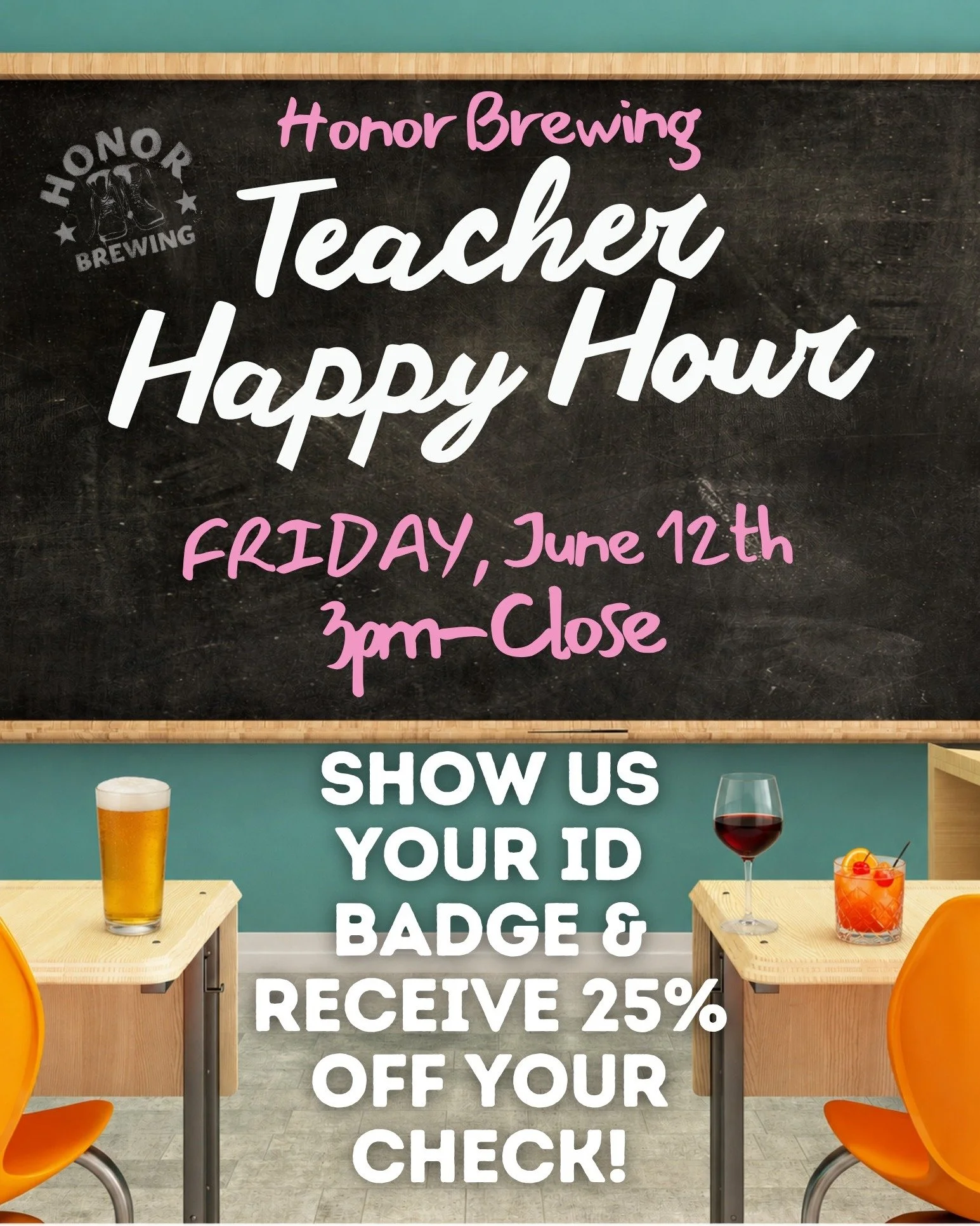 📚 Teachers, this one&rsquo;s for you 🍎

School&rsquo;s out, summer&rsquo;s in, and it&rsquo;s time to celebrate all your hard work! Join us Thursday, June 12th for our End of the Year Teacher Happy Hour from 3PM-close.

Bring your school ID badge a