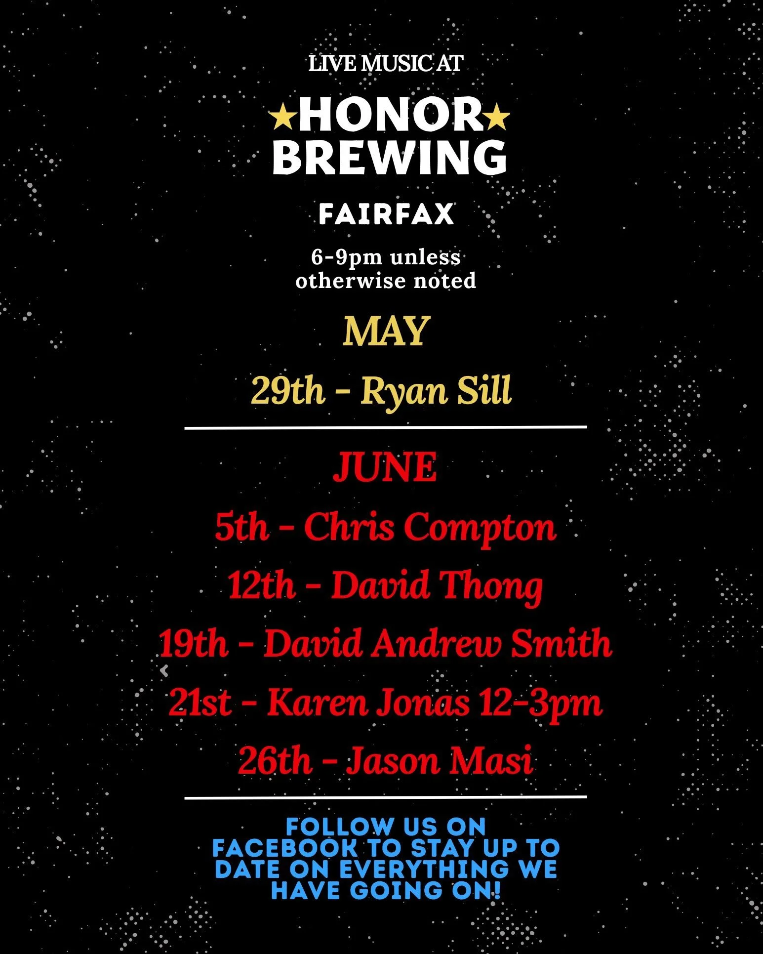 🎶 LIVE MUSIC at Honor Fairfax 🎶

Summer nights, cold drinks, and live music all season long 🍻🎸

TONIGHT &mdash; May 29th &mdash; catch Ryan Sill live from 6&ndash;9pm!

Upcoming shows:
&bull; June 5th &ndash; Chris Compton
&bull; June 12th &ndash