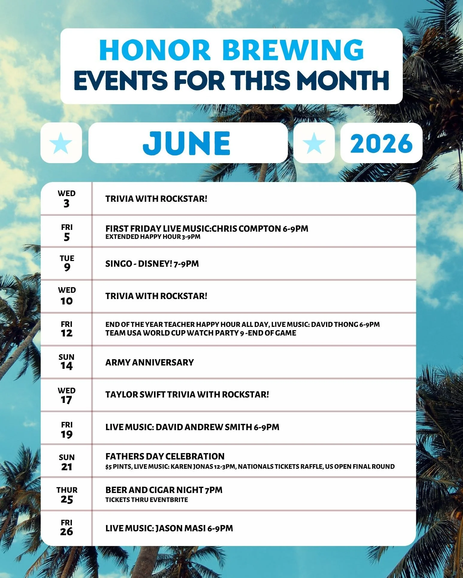 JUNE AT HONOR FAIRFAX 🍻

Summer is heating up and June is packed with big games, live music, and weekly favorites you won&rsquo;t want to miss.

WEEKLY EVENTS
🎤 Trivia Night &ndash; Every Wednesday
Bring your crew and test your knowledge all month 