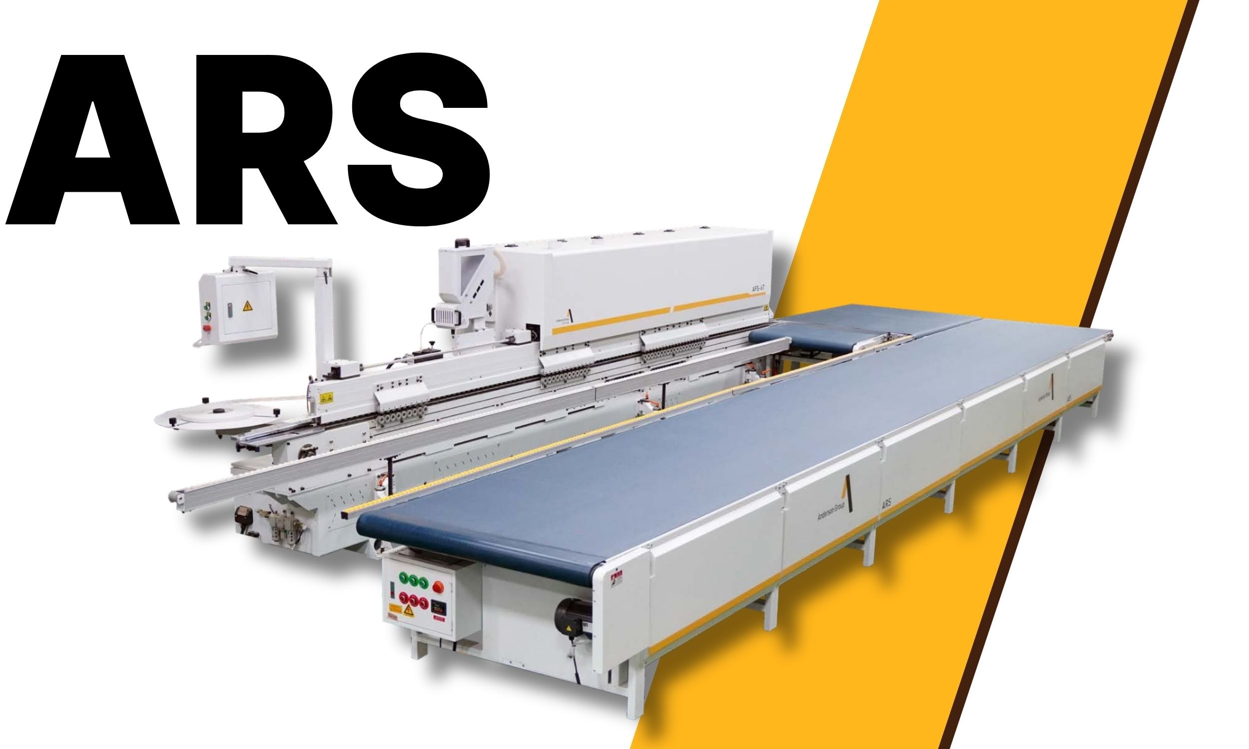 Industrial machine used for manufacturing or processing, positioned on a white and yellow background.