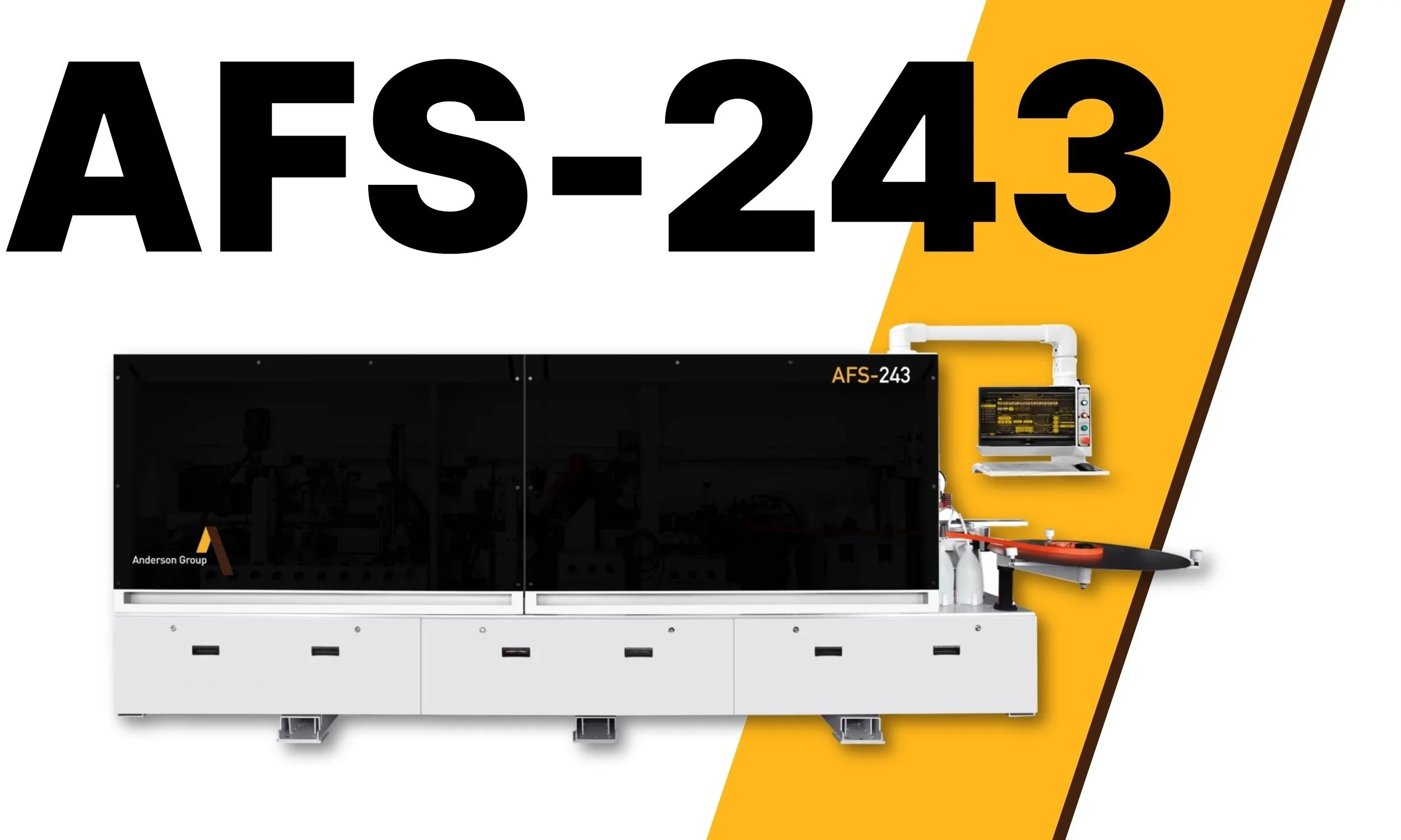 Laboratory equipment labeled AFS-243 with a touchscreen control panel, a black enclosure, and a conveyor system, set against a white and yellow background.